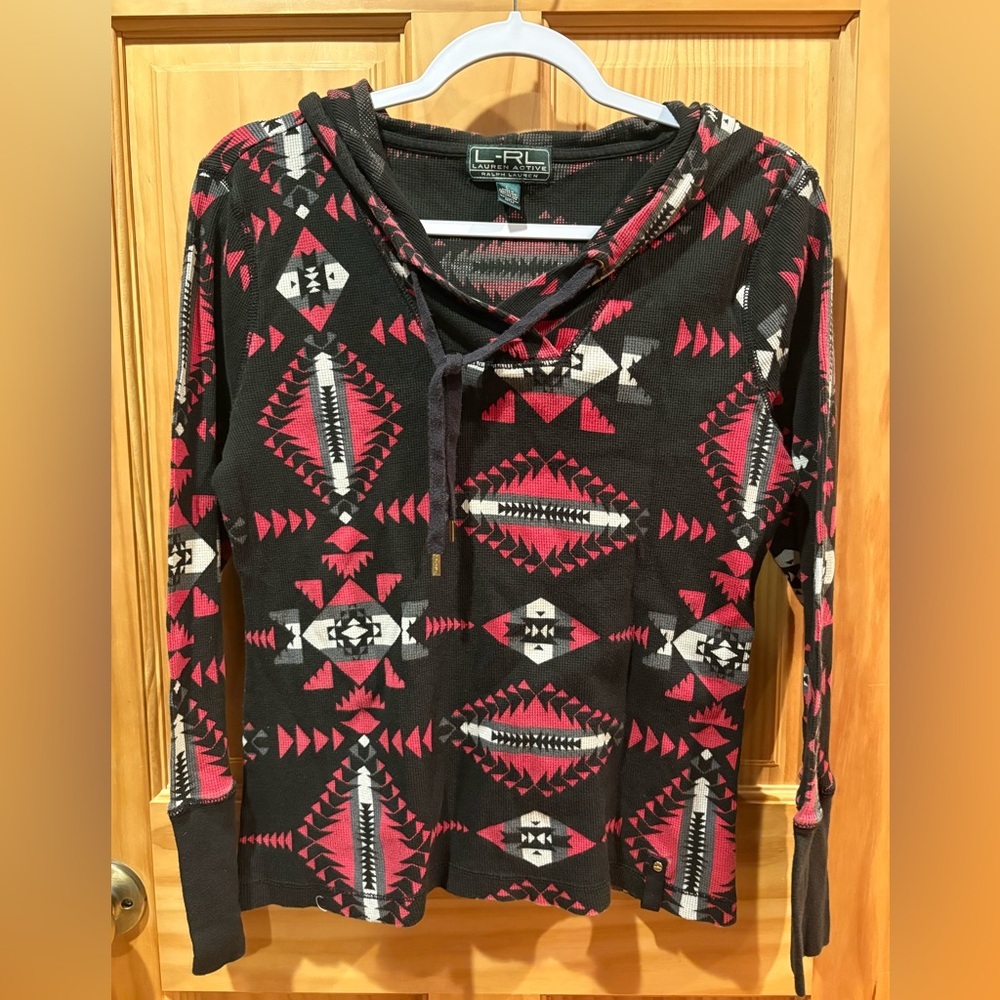 L-RL (Lauren Ralph Lauren) Active waffle long sleeve hooded aztec print pullover